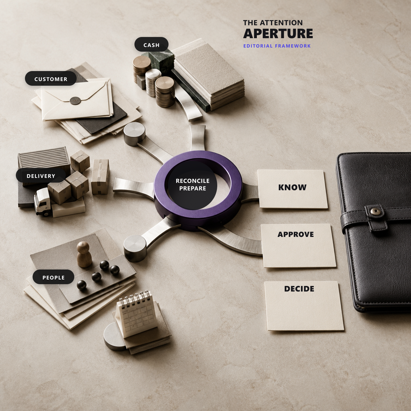 The Attention Aperture editorial framework narrows customer, cash, delivery, and people signals into three useful outputs for a business leader: know, approve, or decide.