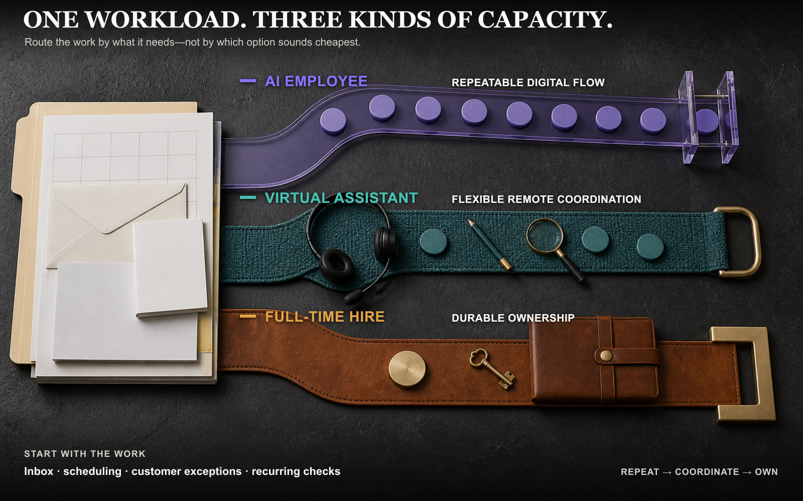 A tactile branching worktable routes one stack of business work into a violet repeatable digital lane, a teal flexible coordination lane, and an amber ownership lane.