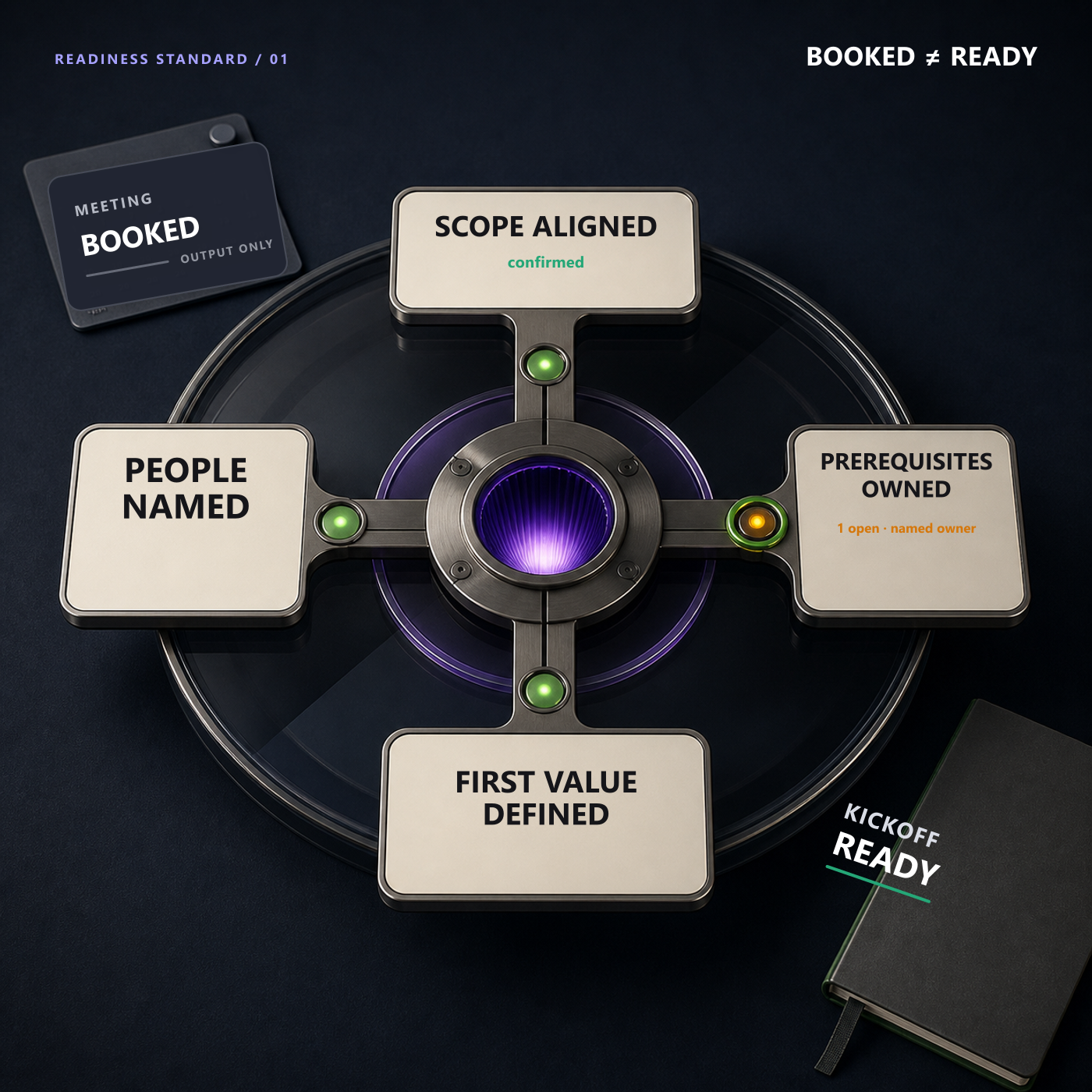 A crafted kickoff-readiness instrument showing that a booked meeting is only an output, while aligned scope, named people, owned prerequisites, and defined first value create a kickoff-ready state.