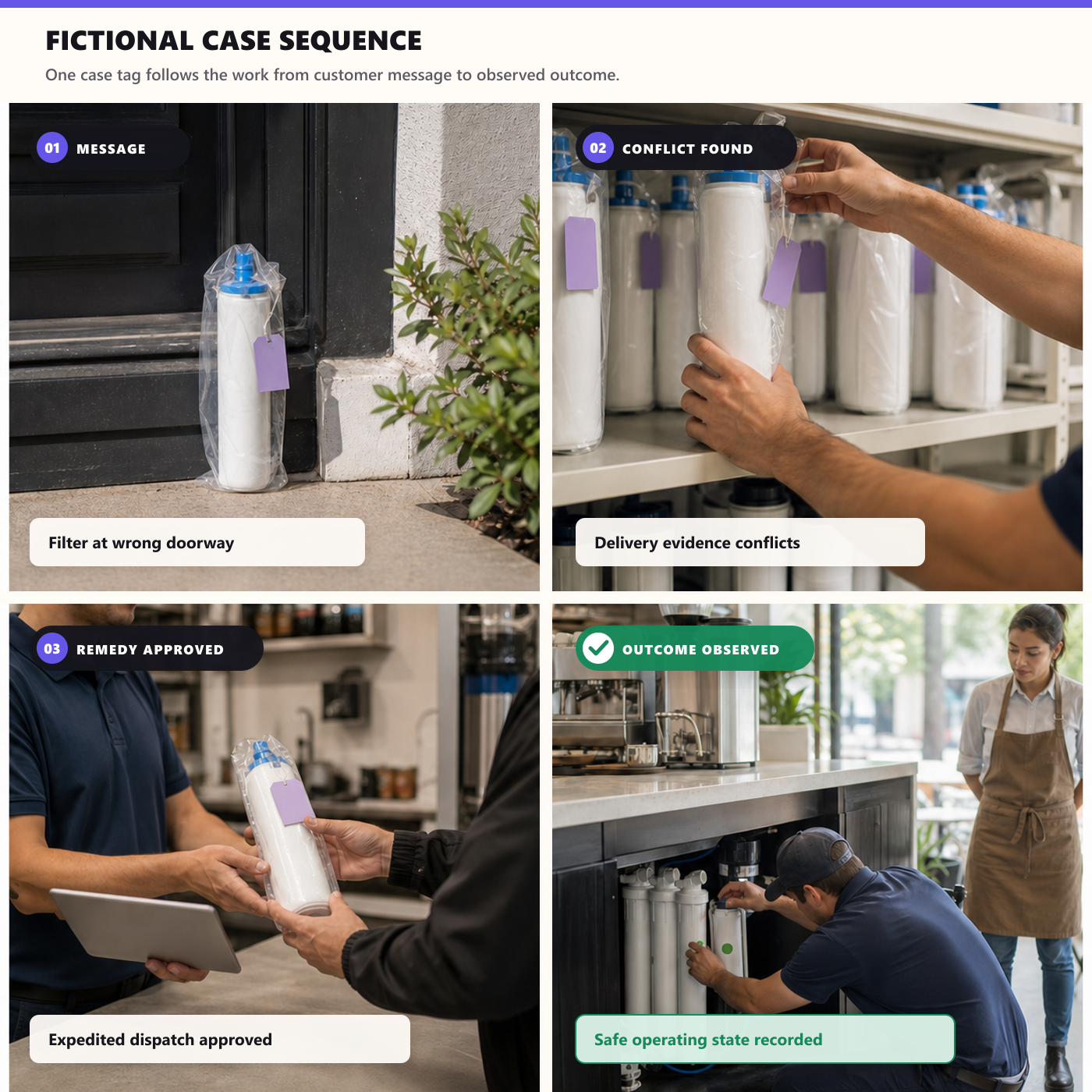 A fictional Juniper Row Caf&eacute; case moves from an inbound message through identity, delivery conflict, device alarm, approval, expedited dispatch, service verification, and truthful customer confirmation.